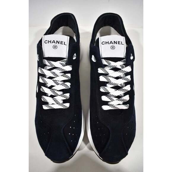 Chanel 22S Men Blue Suede White CC Logo Low Top Lace Up Trainer Sneaker 44 11 - Picture 6 of 10